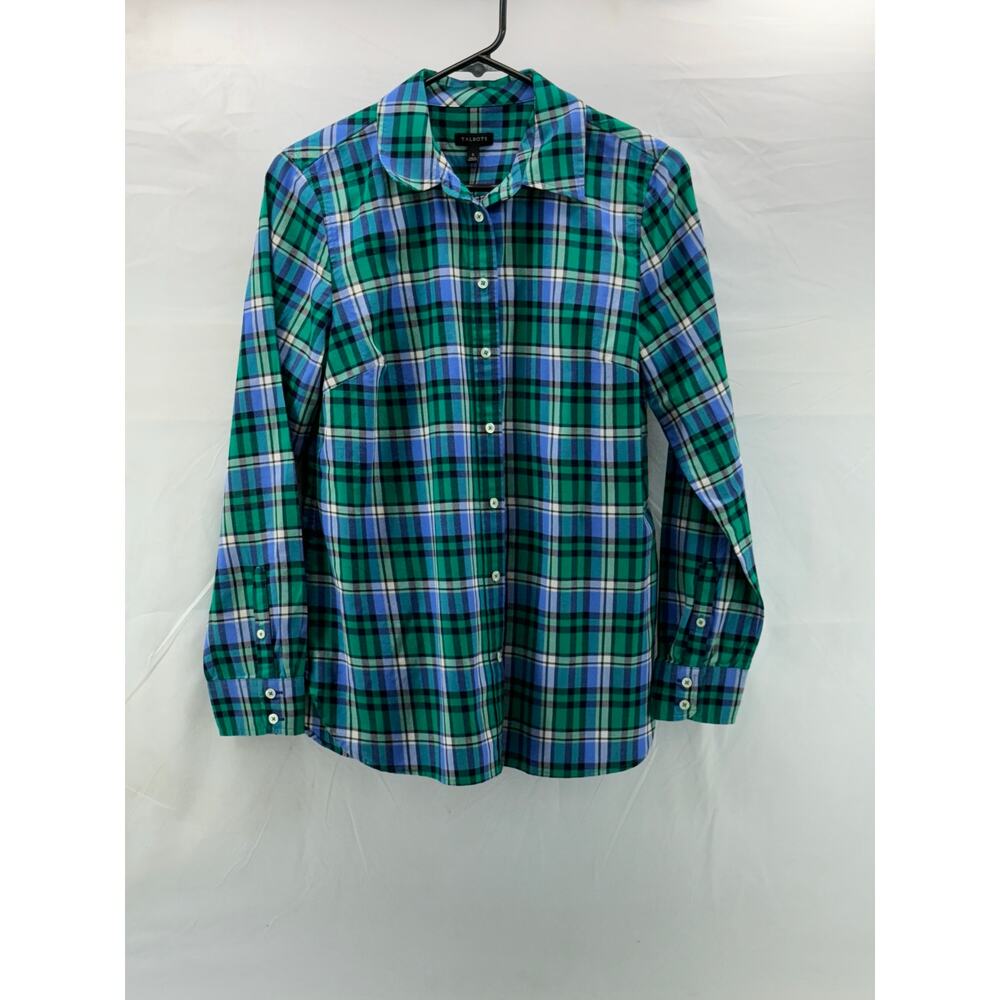 women's Plaid Talbots small button down shirt green and blue